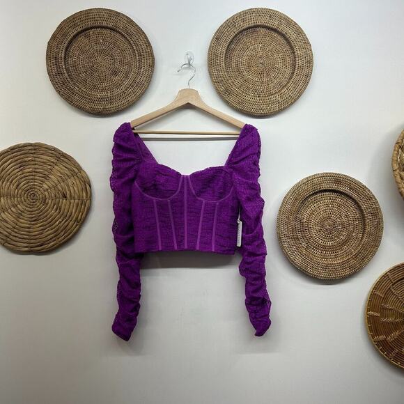 NEW SAYLOR Purple Cropped Lace Long Sleeve Corset Blouse Crop Top XS Feminine - Picture 2 of 9